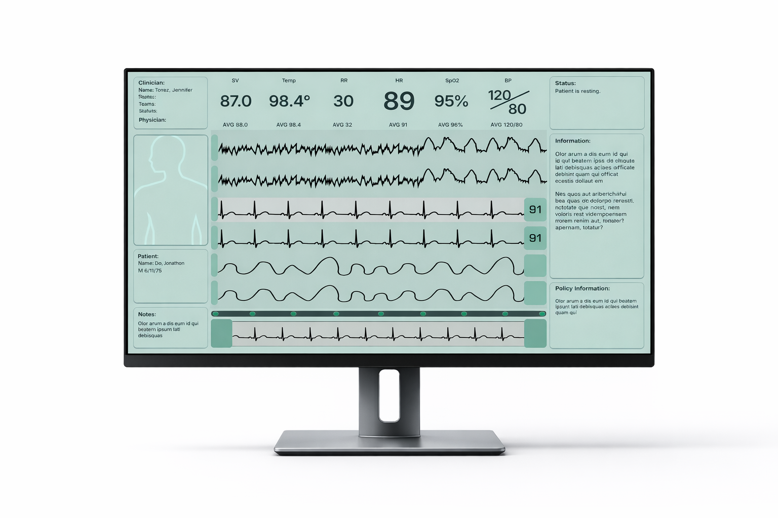 Clinical monitoring dashboard concept within a desktop monitor